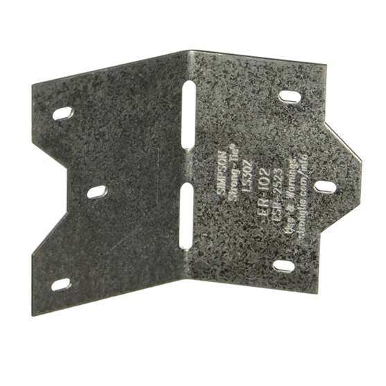 The Simpson Strong-Tie LS 3-3/8 in. ZMAX 18 Ga. Galvanized Adjustable Reinforcing L Angle features a dark gray, textured metal design with multiple holes and a reinforced angular shape, offering durability for demanding structural connections.